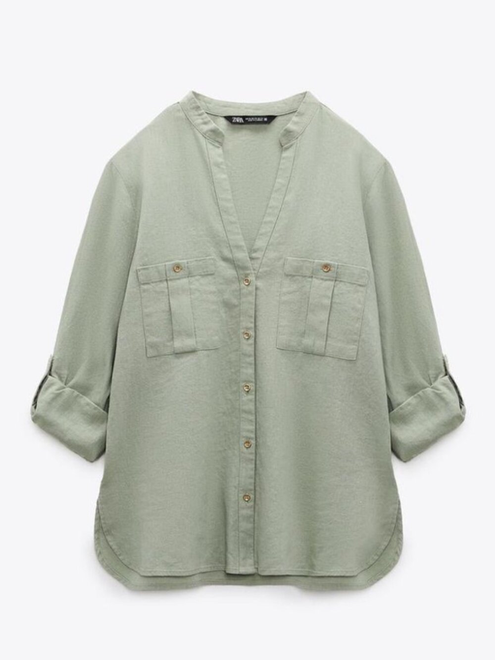 Zara Roll Up Sleeve Linen Blend Button Up Shirt Size L